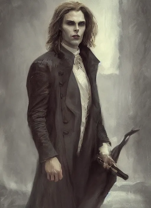 Prompt: portrait painting of the vampire lestat, paris! floating, muscular male, long hair! long coat, elegant rugged handsome unreal render cinematic lighting art 1 8 9 0 period drama by bussiere rutkowski andreas rocha