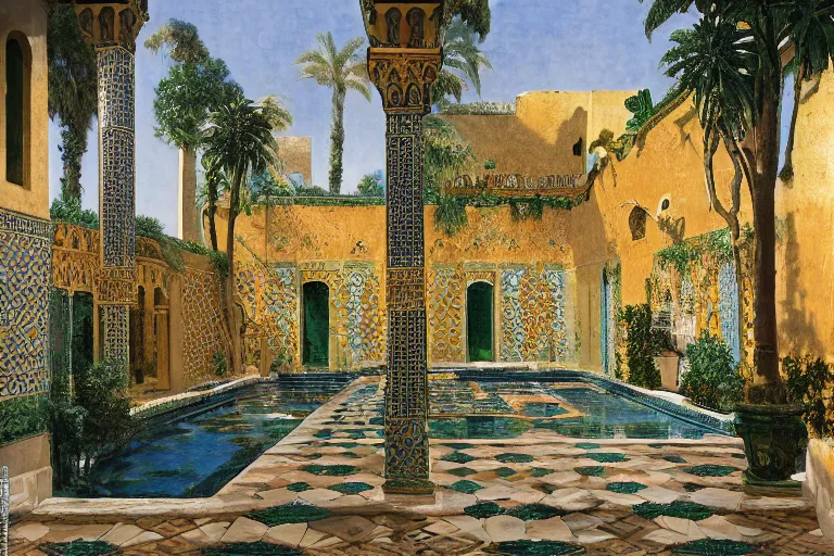 Prompt: painting of a beautiful moorish palace courtyard garden, by rudolf ernst and maxfield parrish, patterned tilework, palm trees, tiled fountains, extremely detailed, cinematic lighting, smooth sharp focus