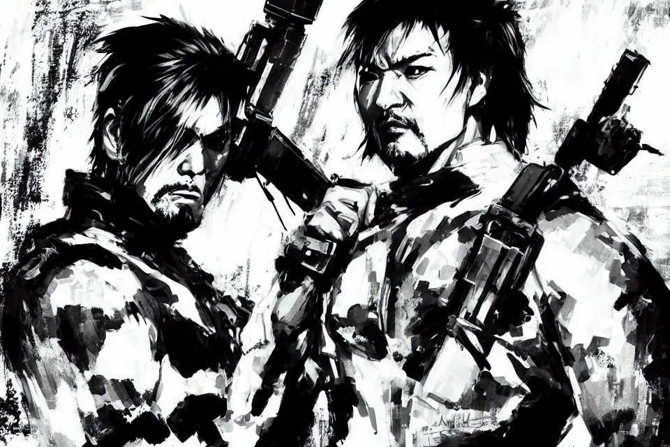 Image similar to a full - body portrait of chow yun - fat holding pistols, in yoji shinkawa's art style, metal gear solid art style highly detailed, 4 k, artistic, white background, b & w