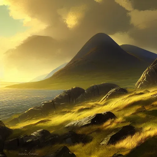 Image similar to the mountains of mourne in ireland sweeping down to the sea, highly detailed, digital painting, concept art, sharp focus, by makoto shinkai