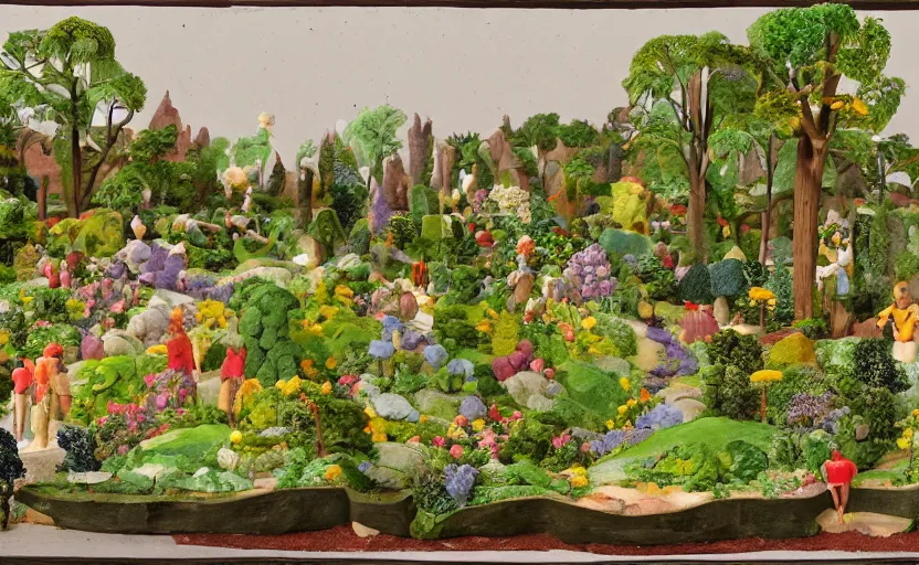 Prompt: a landscape claymation of a garden in a park, collage, henri berthaut, art - deco, miner kilbourne kellogg, gardens