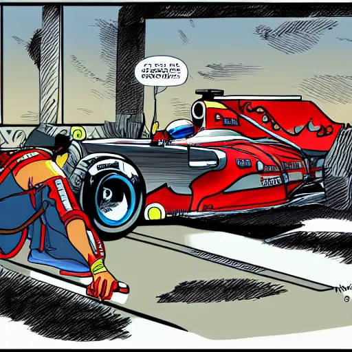 Prompt: formula one mechanic works on car, comic, wide shot, marvel style by patrick brown