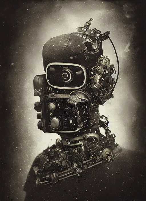 Image similar to old wetplate daguerreotype portrait of futuristic robot, dubbel negative exposure, explosion of data fragments, fractal, intricate, elegant, highly detailed, parallax, leica, medium format, subsurface scattering, by jheronimus bosch and greg rutkowski and louis jacques mande daguerre