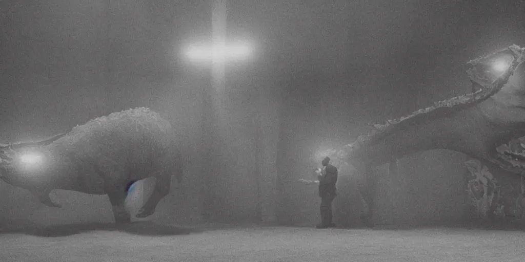 Image similar to light coming out of one bull - like kaiju starfish monster, korean film noir, korean traditional palace, pyongyang city, 1 9 6 0 s, red color bleed, 4 k, video compression, video glitch, monochrome, akira kurosawa, mamoru oshii, wes anderson, stanley kubrick