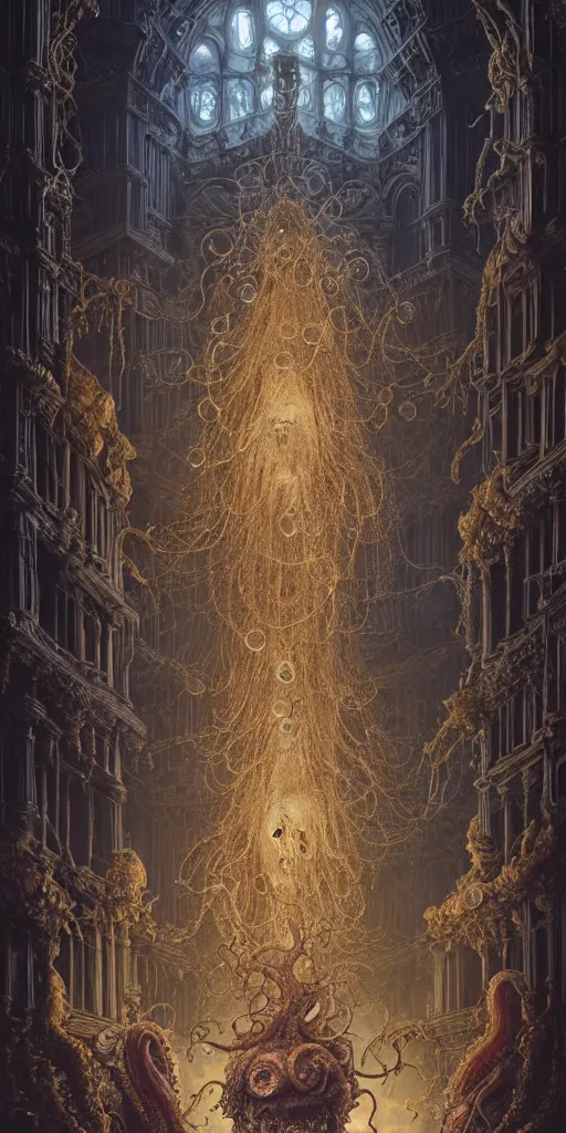 Image similar to group of people species mages with octopus heads and a lot of small translucent jellyfishes floating around inside an ancient mage castle hall colossal scale, gothic and baroque, brutalist architecture, ultradetailed, Intricate by Ellen Jewett and Josan Gonzalez and Giuseppe Arcimboldo