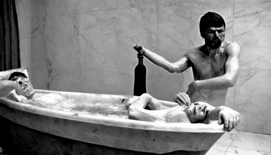 Image similar to 1 9 6 0 s movie still by tarkovsky of marat stabbed in his bath, cinestill 8 0 0 t 3 5 mm b & w, high quality, heavy grain, high detail, panoramic, cinematic composition, dramatic light, anamorphic, jacques louis david style, raphael style, piranesi style, bloody