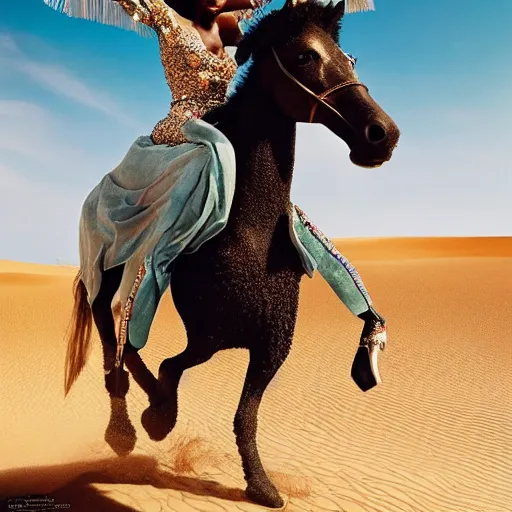 Prompt: afro woman riding a diamond horse in the desert, vogue magazine, detailed photographed