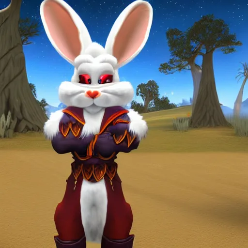 Prompt: A character render of Buggs bunny in World of Warcraft