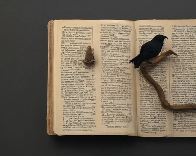 Prompt: a history textbook page that's showing 'wooden table holding ancient clay sculpture of a raven', clay sculpture, photograph, zoomed out, trending on tumblr