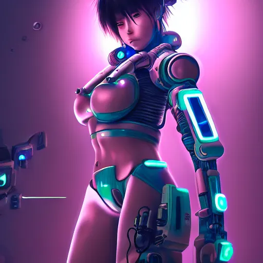 Image similar to An epic comic hyperrealistic anime painting of a cyber warrrior girl wearing mecha cyber suit, attractive, ultradetailed face expression trending on artstation and artbreeder, cyberpunk 2077 color, heavy rainning at tokyo street night, neon lights all around, hyper realism, corona render, arnold render, movie concept art, 8k, unreal 5 engine render, cosplay, RPG portrait, final fantasy Vll world concept, dramatic lighting, rim lights, PS5 render quality