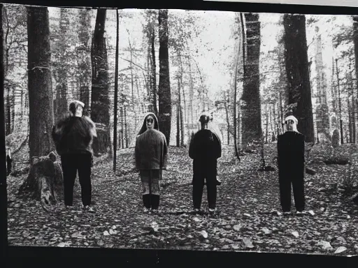 Image similar to a group of identical people standing in a forest staring at the viewer, uncanny faces, night, b&w, vhs footage