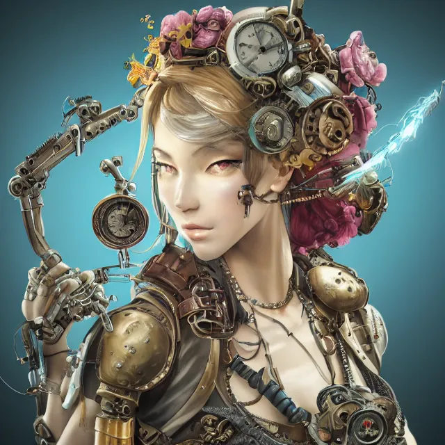 Image similar to the portrait of true neutral semi - colorful female steampunk cyborg mechanist as absurdly beautiful, gorgeous, elegant, young gravure idol, an ultrafine hyperdetailed illustration by kim jung gi, irakli nadar, intricate linework, bright colors, octopath traveler, final fantasy, unreal engine 5 highly rendered, global illumination, radiant light, detailed and intricate environment