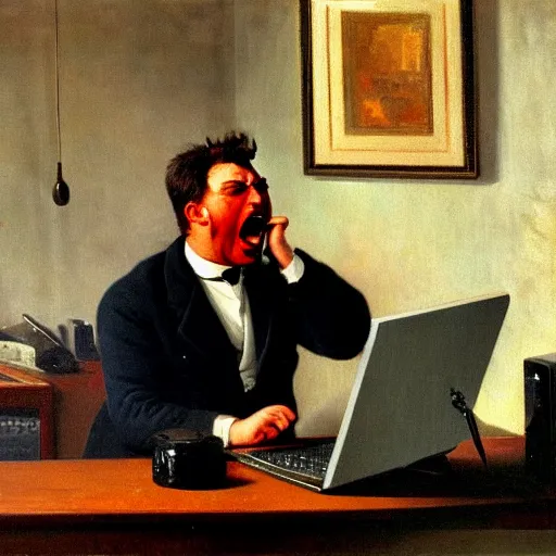 Image similar to an angry man yells at his computer monitor, oil on canvas, 1 9 0 1