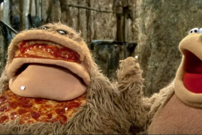 Image similar to a film still of pizza the hut in the muppets, high quality