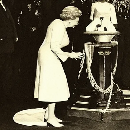 Image similar to queen elizabeth as a young woman commanding at - rex to kneel and be knighted.