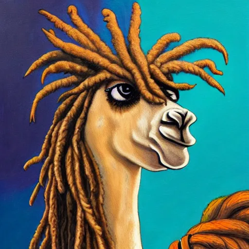 Prompt: llama with dreadlocks, an oil painting by Asaf Hanuka