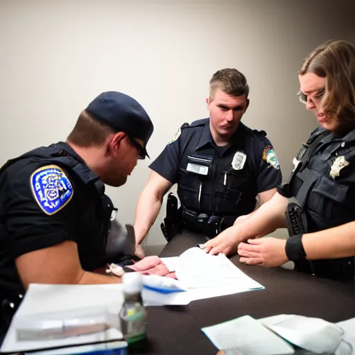 Prompt: coherent photo of police interrogating a jar of pickles