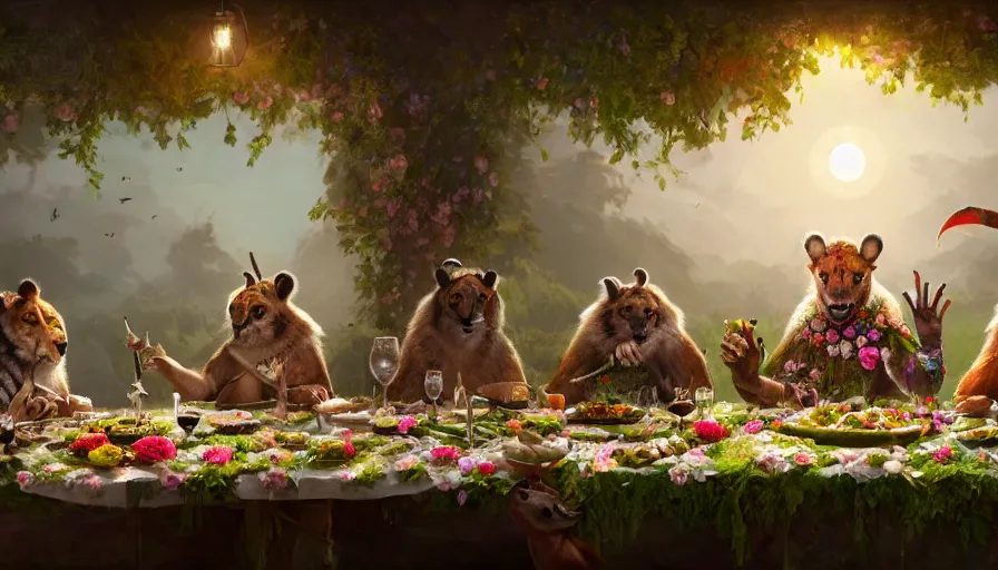 Image similar to a table dinner of exotic animals where animals are dressed like the characters from the midsommar movie wearing flowers, realistic detailed digital art by maxwell boas jessica rossier christian dimitrov anton fadeev trending on artstation cgsociety rendered in unreal engine 4 k hq