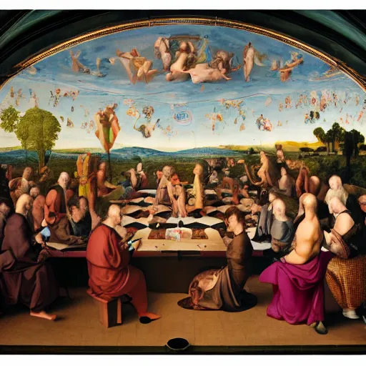 Image similar to a psychedelic conference of scientists / professors / researchers in a renaissance painting