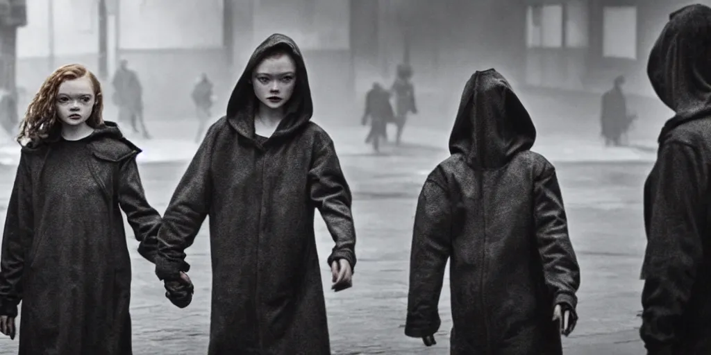 Prompt: sadie sink in hoodie offers closed umbrella to pedestrian in ruined square, pedestrians ignore her : grainy b & w 1 6 mm film, 2 5 mm lens, single long shot from schindler's list by steven spielberg. cyberpunk, steampunk. cinematic atmosphere and composition, detailed face, perfect anatomy