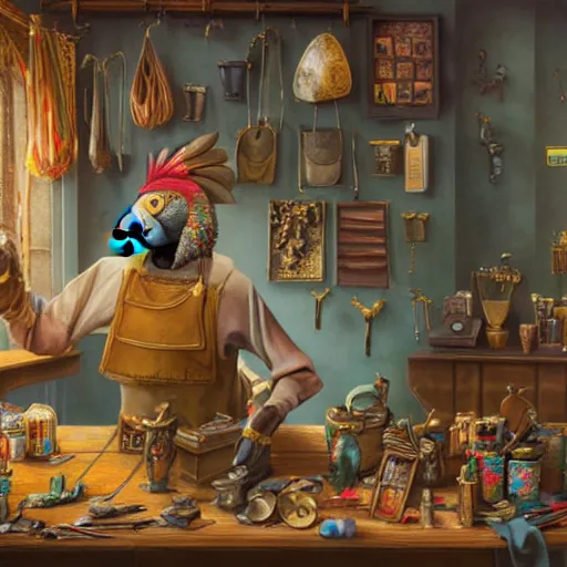 Image similar to A Anthropomorphized parrot trader in his shop, selling his wares, portrait, items, gold, carpet, window, sly expression, cunning expression, presenting wares, holding a gold bag, D&D, fantasy, cinematic lighting, highly detailed, digital painting, artstation, concept art, smooth, sharp focus, illustration, warm light, cozy warm tint, magic the gathering artwork, volumetric lighting, 8k, art by Akihiko Yoshida, Greg Rutkowski