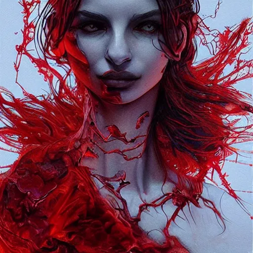 Image similar to Emily Ratajkowski is a bio mechanical cyborg, physically accurate, very dramatic dynamic lighting, intricate, very very elegant, blood red pool of water, highly detailed, digital painting, artstation, very hyperrealistic, HR GIGER, Hieronymus Bosch, Francis Bacon, concept art, smooth, sharp focus, illustration, art by artgerm and greg rutkowski and alphonse mucha