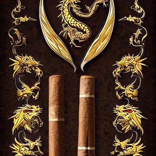Image similar to digital art of the most rare and quality rich dragon themed cigar set you could ever obtain in a lucid dream, astonishing detail, award winning, fantastic composition, beautiful lighting