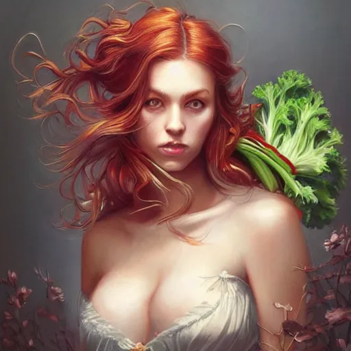 Prompt: a beautiful painting of a gorgeous young mother with auburn side braid draped over her shoulder and pretty hazel eyes, representative of the art style of artgerm and wlop and peter mohrbacher, chopping vegetables