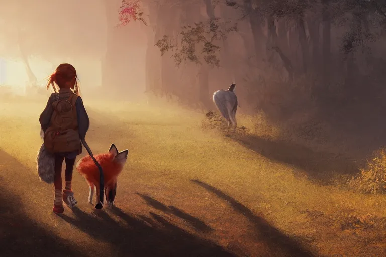 Image similar to a young girl walking to school with her pet fox, matte painting in the style of Greg Rutkowski, early morning light, sunrise, golden hour, trending on artstation