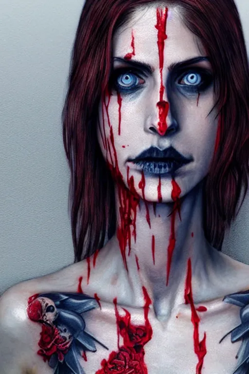 Prompt: skeleton black bones full body tattoo!!, covered with blood, alexandra daddario face!!, long red hair, beautiful blue eyes, ultra realistic, concept art, intricate details, highly detailed, photorealistic, octane render, 8 k, unreal engine. retro film still, heavy grain, 3 5 mm, art by artgerm and greg rutkowski and alphonse mucha