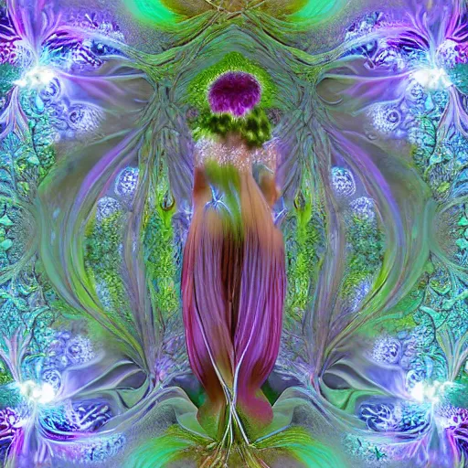 Image similar to glowing delicate flower and mushrooms that grow in a dark fatansy forest on the planet Pandora, an idealistic marble statue with fractal flowery hair in a fractal garden, - W 704