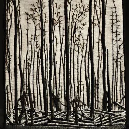 Prompt: from a dark forest, a clearing, a figure against the light, embroidery image large