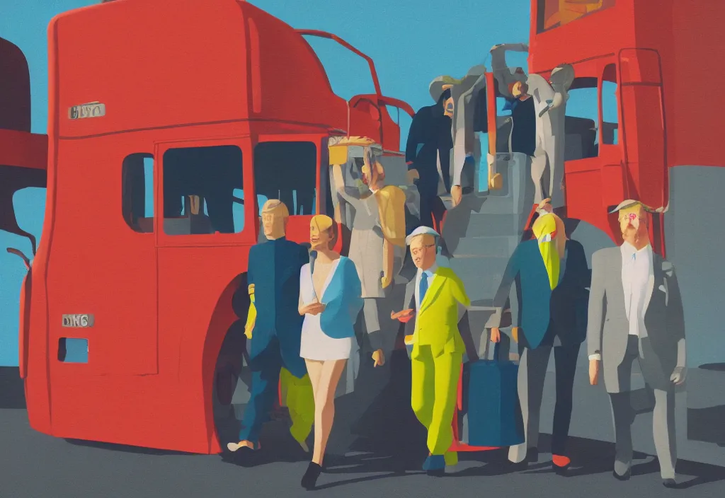 Image similar to full body portrait of a trio of european tourists getting off a tour bus for sightseeing, character designs painting, in the style of wes anderson, rene magritte, lola dupre, david hockney, isolated on white background, dark monochrome neon spraypaint accents volumetric octane render