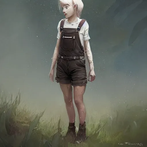 Image similar to portrait, Female adventurer, soft eyes and narrow chin, dainty figure, single strap paint covered overalls, short shorts, combat boots, raining, basic white background, style of by Jordan Grimmer and greg rutkowski, crisp lines and color,