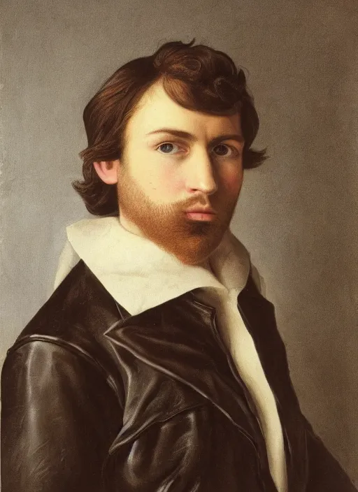 Image similar to portrait of handsome young elf with brown eyes brown hair and a short neat beard by charles angrand, only one head single portrait, pointy ears, wearing a black leather collared jacket