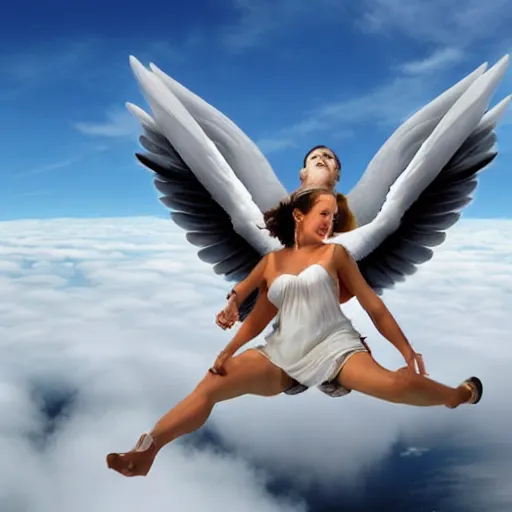 Image similar to A goddess and an angel flying above the clouds