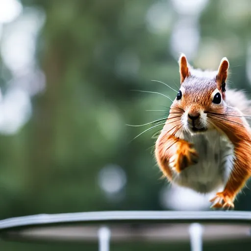 Prompt: a photo of a cute squirrel jumping on a trampoline