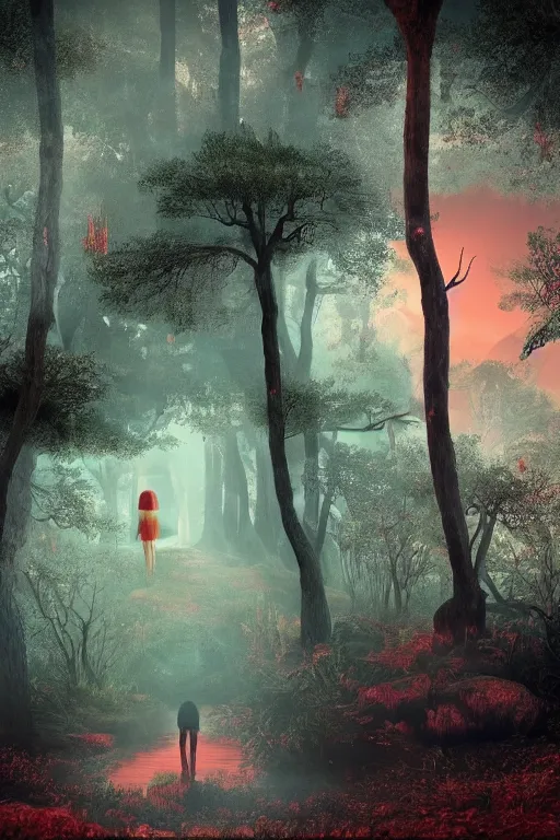 Image similar to semi real, and semi surreal. it's like a blend of a dream and a flawed memory. it's a forest under a red sun. a god sits under a tree, watching over a mystical body of water.