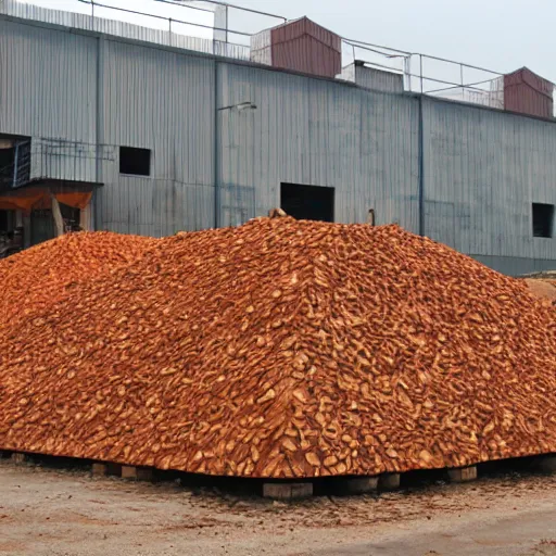 Prompt: taiwanese sawmill factory orange building, big pyramid shaped piles of wood chips