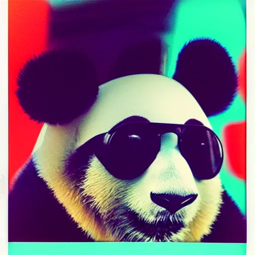 Image similar to grainy head to shoulder portrait polaroid film photograph of a panda in a mall wearing aviator shades. plain teal background with polkadots. super resolution. surreal. extremely detailed. polaroid 6 0 0 film. by annie leibovitz and richard avedon