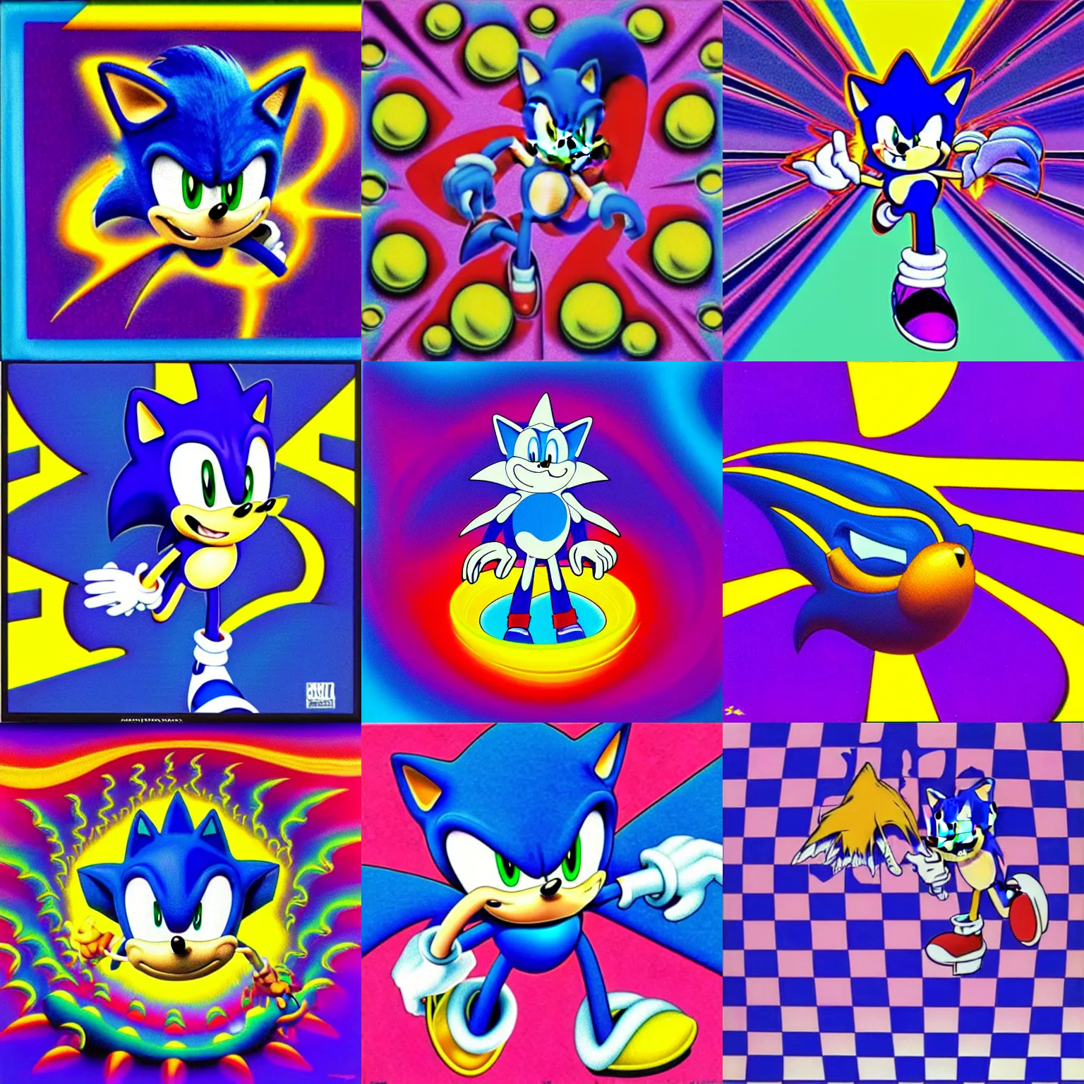 Prompt: surreal, sharp, lowbrow, detailed professional, high quality airbrush art MGMT sonic the hedgehog album cover of a liquid dissolving LSD DMT blue sonic the hedgehog falling through a mirror ocean, purple checkerboard background, 1990s 1992 acid house techno Sega Genesis video game album cover