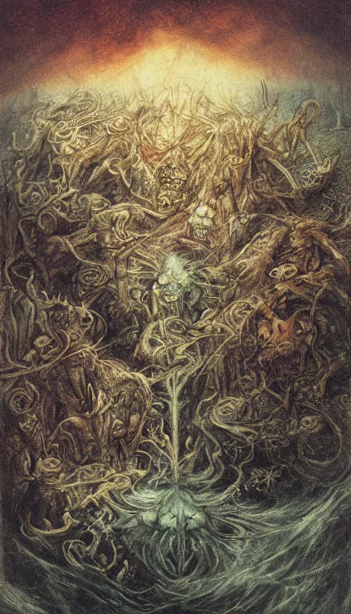 Image similar to man on boat crossing a body of water in hell with creatures in the water, sea of souls, by brian froud