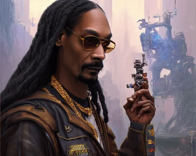 Image similar to man snoop dogg with cyberpunk implants, deep focus, d & d, fantasy, intricate, elegant, highly detailed, digital painting, artstation, concept art, matte, sharp focus, illustration, hearthstone, art by artgerm and greg rutkowski and alphonse mucha