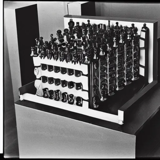 Image similar to an ancient machine, artificial intelligence chess machine, 1914 , in the style Man Ray and Hito Steyerl, CERN archives, 35mm film