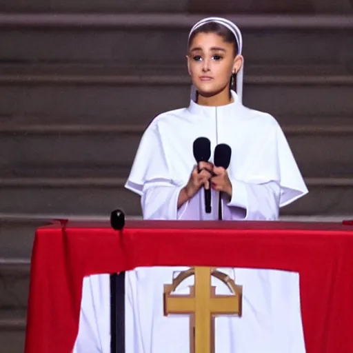 Image similar to ariana grande as a pope giving speech