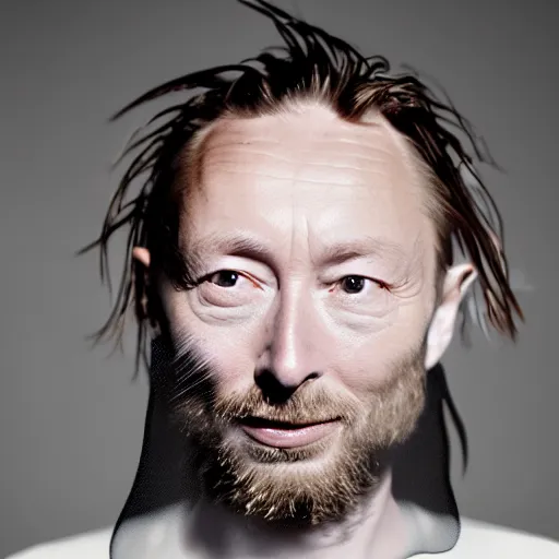 Image similar to Smiling Thom Yorke, with a beard and a black jacket, a portrait by John E. Berninger, dribble, neo-expressionism, uhd image, studio portrait, 1990s