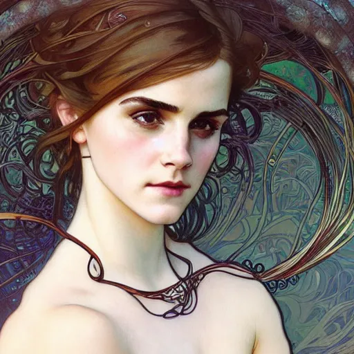 Prompt: realistic detailed portrait of a fully clothed yyoung emma watson by alphonse mucha, charlie bowater, art nouveau cyberpunk! style, mechanical accents!, flowing wires with leaves, rich deep moody colors