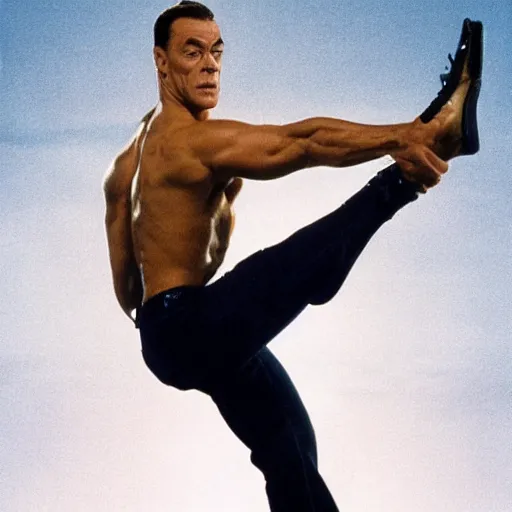 Image similar to jean-claude van Damme saluting by putting the tip of his foot against is head