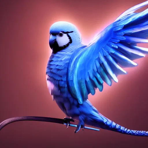 Image similar to an oil painting of a blue budgie with dragon wings, hd, hdr, ue 5, ue 6, unreal engine 5, cinematic 4 k wallpaper, 8 k, ultra detailed, high resolution, artstation, award winning