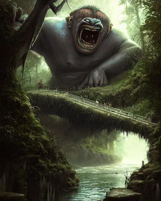 Image similar to giant monstrous troll under a tiny bridge | | terrifying, realistic shaded, fine details, realistic shaded lighting poster by greg rutkowski, diego gisbert llorens, magali villeneuve, artgerm, jeremy lipkin and rob rey